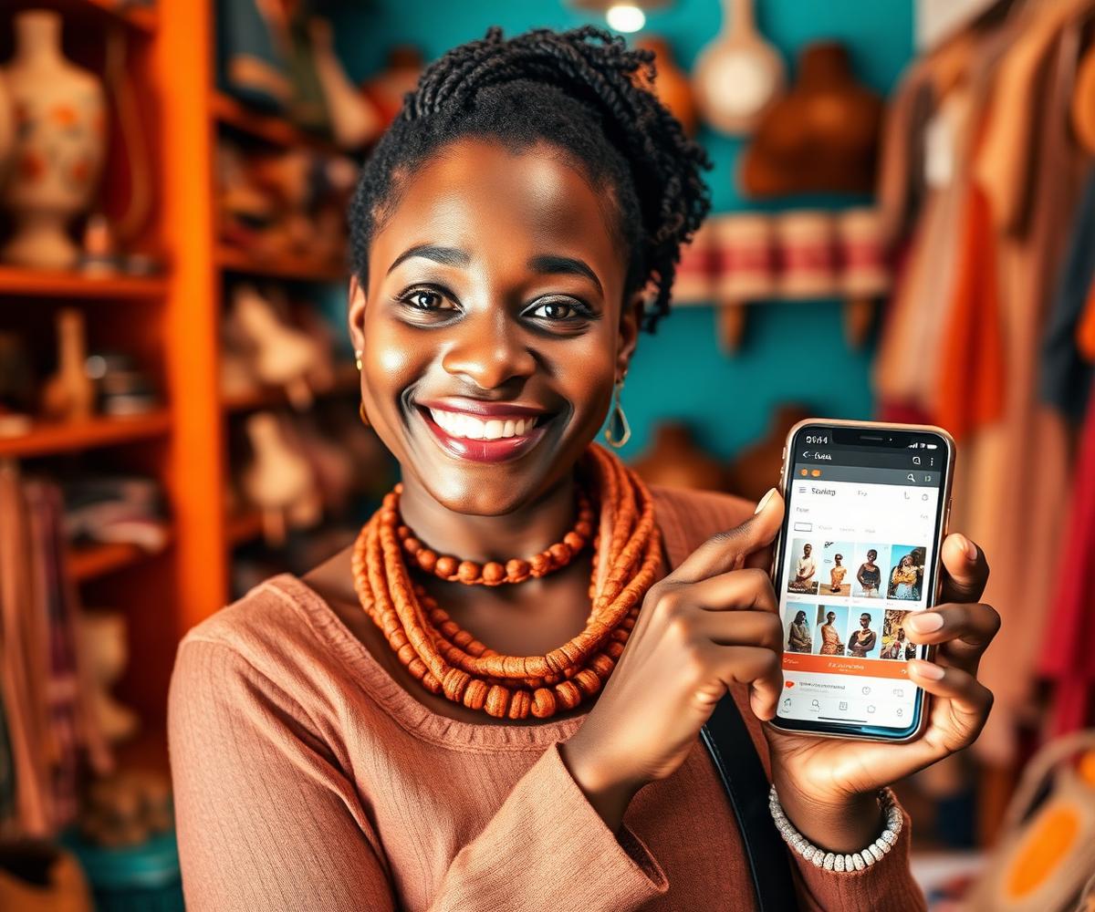 Commerçante africaine présentant sa boutique en ligne sur son téléphone